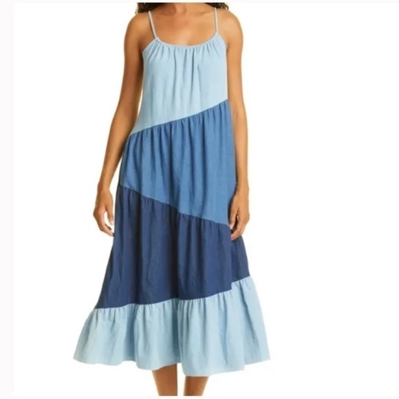 LIKELY Reynolds Spaghetti Strap Denim Maxi Dress Size 4 Cotton Tiered - Picture 1 of 13